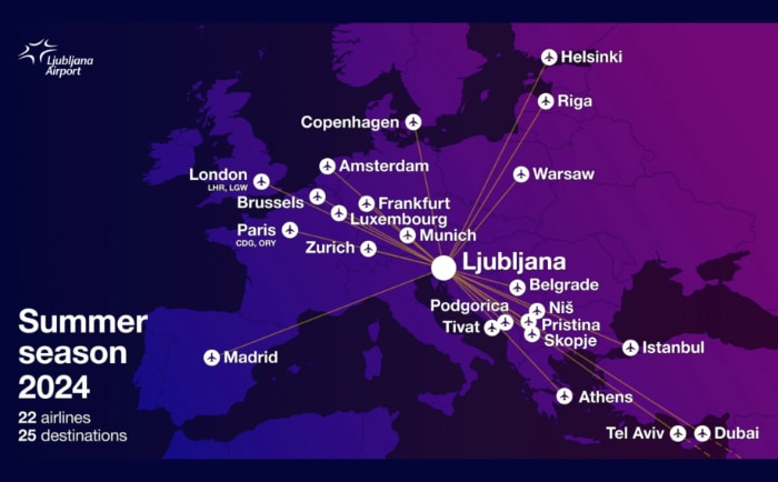 Linien-Streckennetz am Flughafen Ljubljana im Sommerflugplan 2024. &copy; Ljubljana Airport