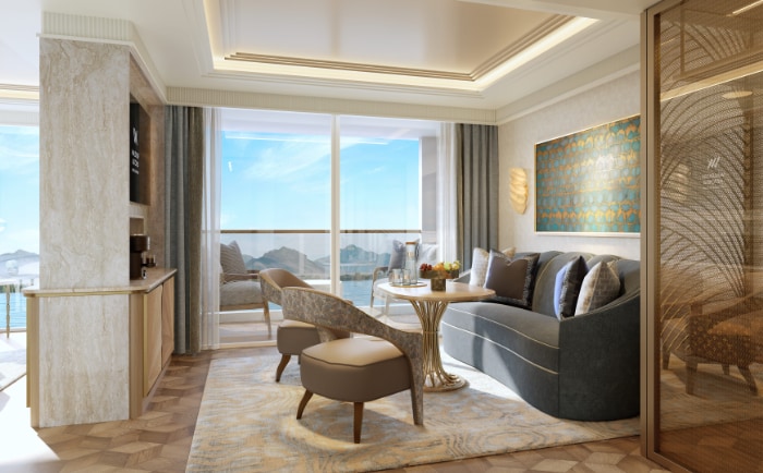 Loungebereich in einer Suiten des Waldorf Astoria Nil-Schiffes. &copy; 2025 Hilton