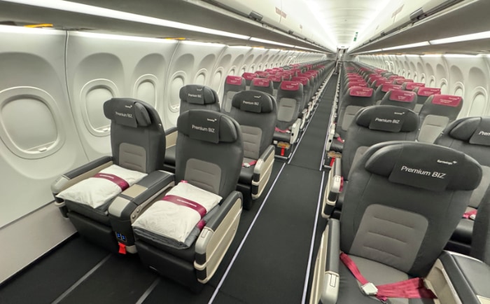 Die acht Sitze befinden sich - ohne Abtrennung - in der Kabine ganz vorne. © Eurowings Die acht Sitze befinden sich - ohne Abtrennung - in der Kabine ganz vorne. © Eurowings