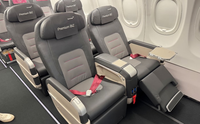 Der neue Sitz bietet auch eine komfortable Fußstütze. © Eurowings Der neue Sitz bietet auch eine komfortable Fußstütze. © Eurowings