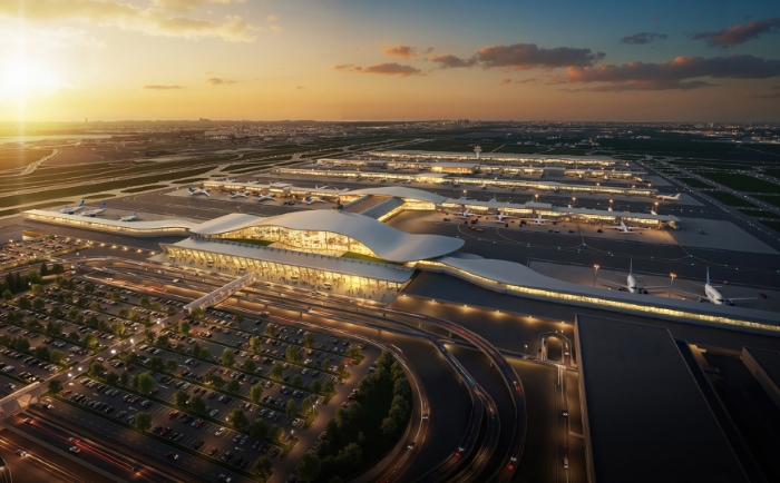 Das mächtige Saarinen-Terminal (im Vordergrund) wirkt vor dem Neubau verschwindend klein. © United / Metropolitan Washington Airports Authority Das mächtige Saarinen-Terminal (im Vordergrund) wirkt vor dem Neubau verschwindend klein. © United / Metropolitan Washington Airports Authority